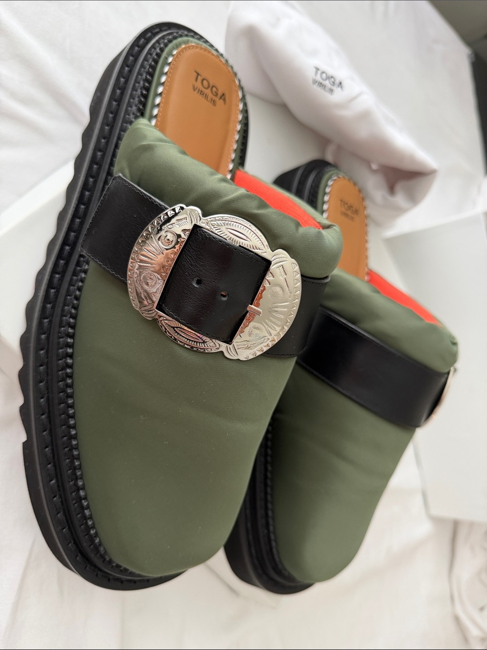 TOGA Virilis AJ 1357 Olive Nylon Slip-on Buckle Mules Men’s EU 45 / US 12